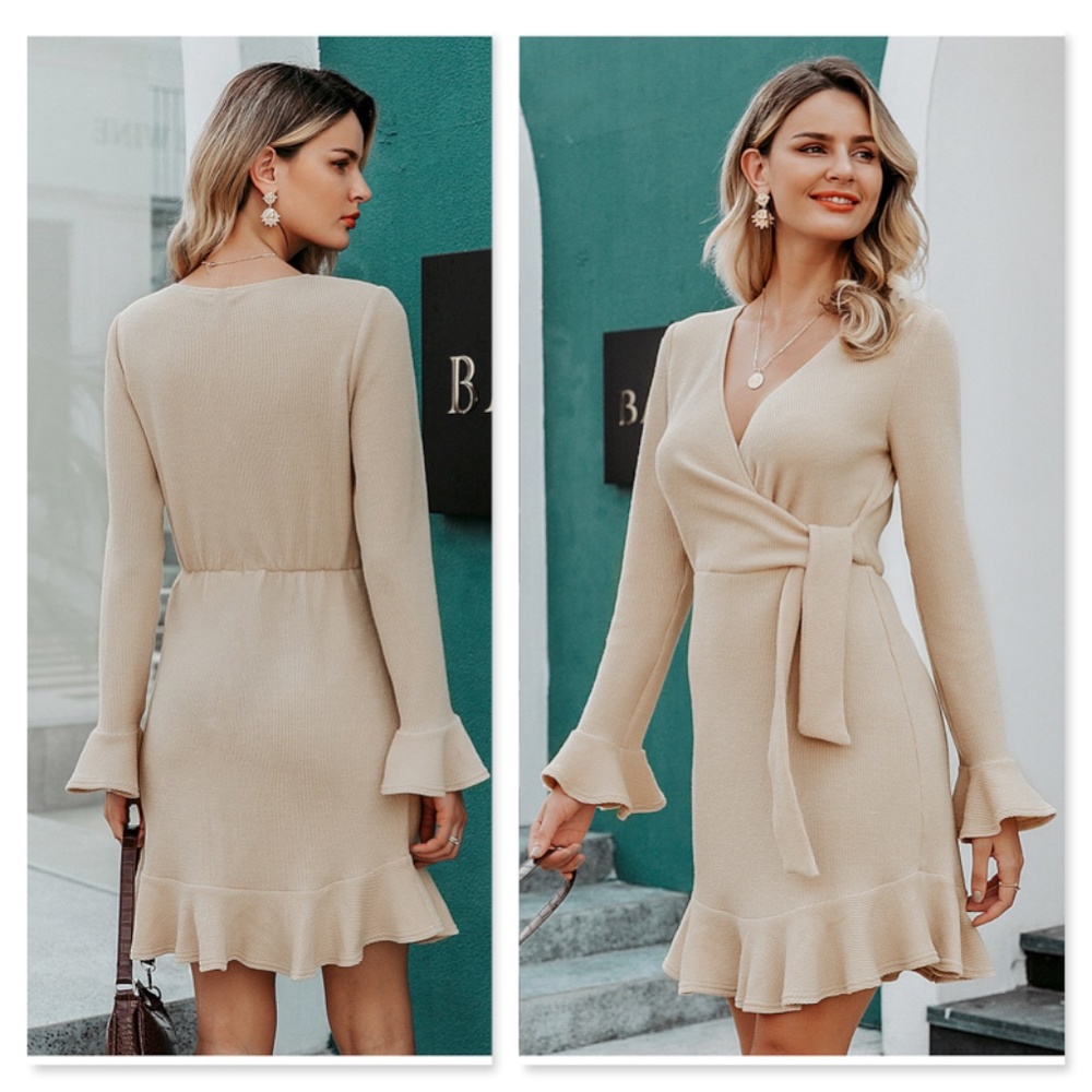Rib-Knit Beige Ruffle Detail Waist Ties Mini Dress - Picture 4 of 8